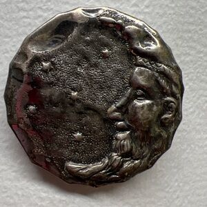 Vintage Sterling Celestial Face Brooch Pin Repousse Man In The Moon Stars Cosmic